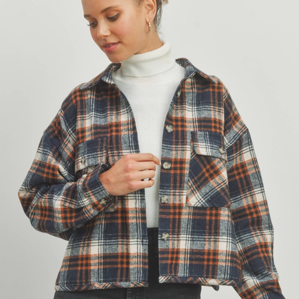Navy Plaid Cropped Shacket - by Buttermelon - Navy Blue, Orange, Collared